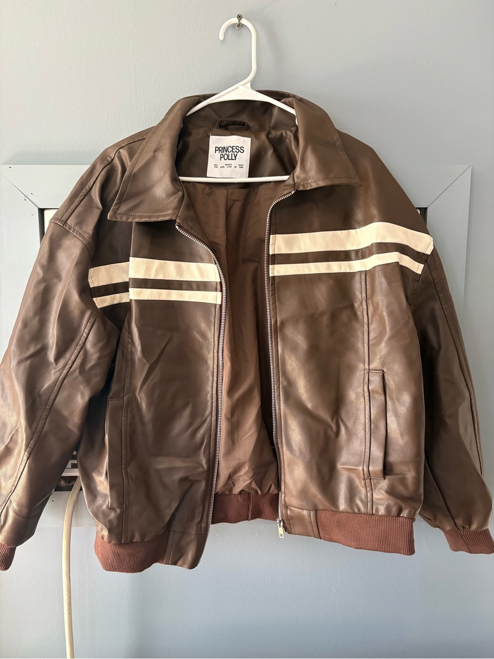Princess Polly Brown Leather Bomber Jacket with Cream Stripes